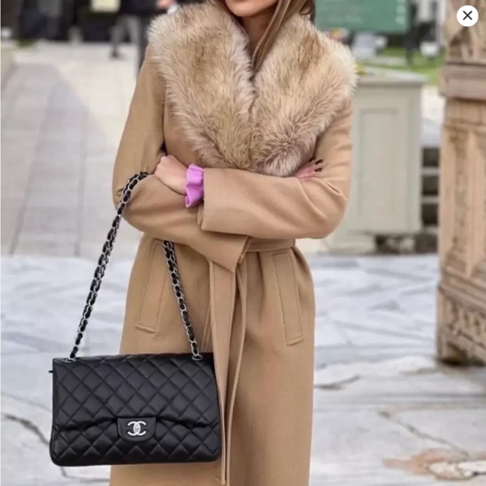 ZARA CAMEL FAUX FUR COLLAR BELTED WOOL LONG COAT LIGHT TAN CAMEL M